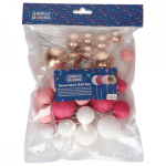 Conjunto de 32 bolas decorativas para bolo nas cores rosa, branco e dourado.
