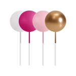 Toppers de bolo em formato de bolas rosa, fúcsia, brancas e douradas.