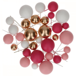 Bolas decorativas para bolos nas cores rosa, branca e dourada.