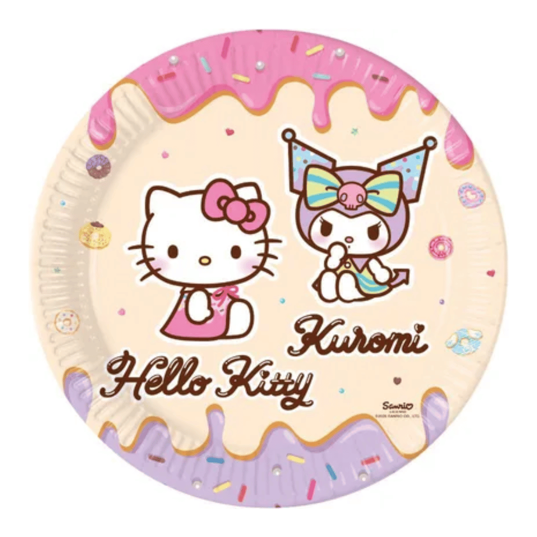 8 pratos de papelão Hello Kitty e Kuromi, 23 cm