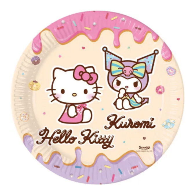 8 pratos de papelão Hello Kitty e Kuromi, 23 cm