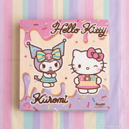 Guardanapos de papel dobrados ao meio da Hello Kitty Kuromi para aniversário
