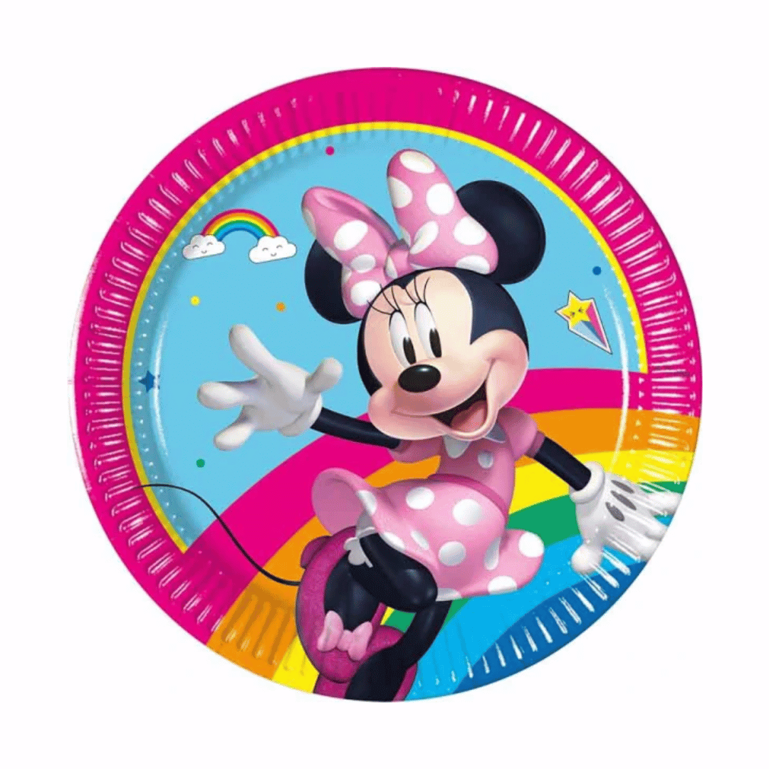 8 pratos de papel da Minnie Mouse para aniversário com decoração de arco-íris