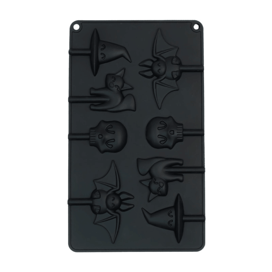 Moldes de pirulito de Halloween com caveira, morcego, gato e chapéu de bruxa.