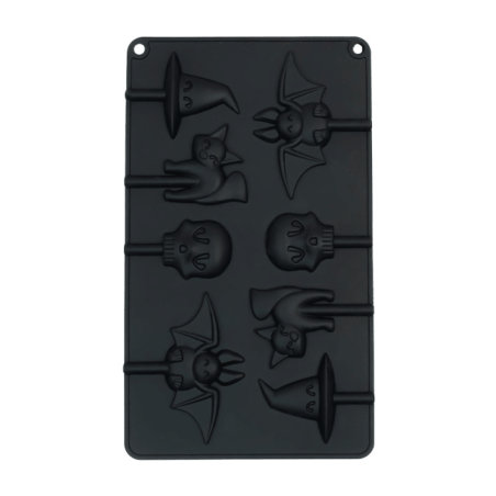 Moldes de pirulito de Halloween com caveira, morcego, gato e chapéu de bruxa.