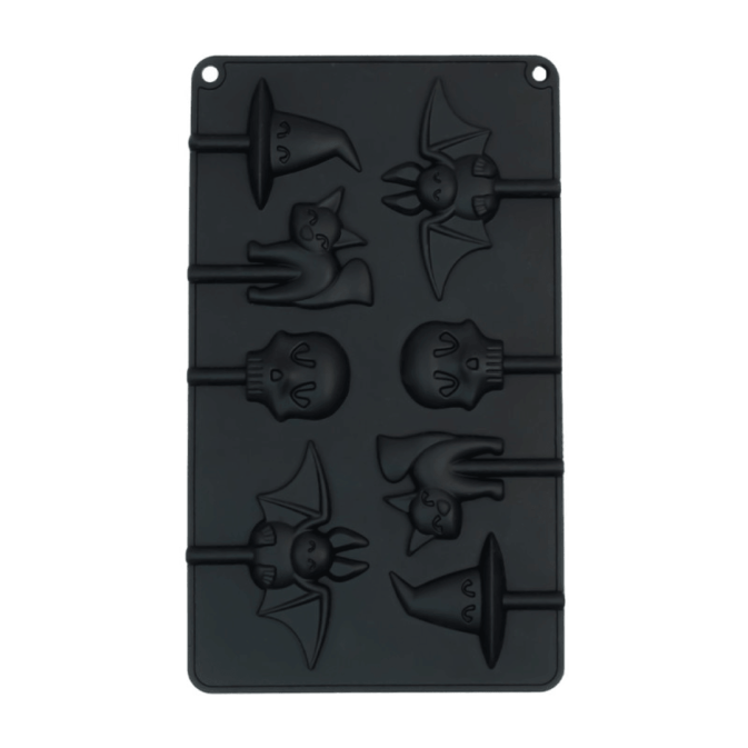 Moldes de pirulito de Halloween com caveira, morcego, gato e chapéu de bruxa.