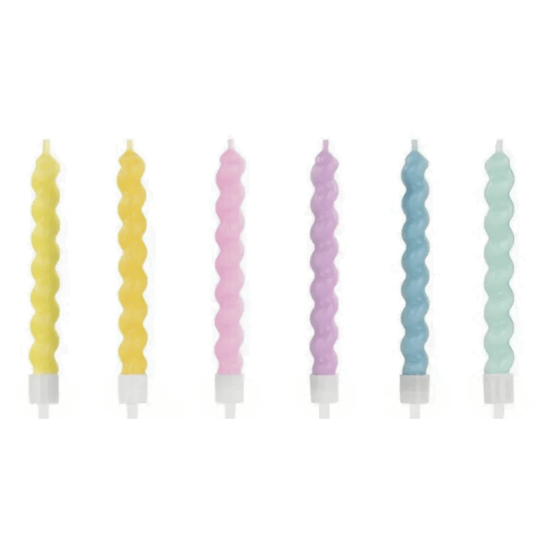 6 velas de aniversário torcidas multicoloridas