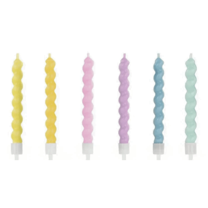 6 velas de aniversário torcidas multicoloridas